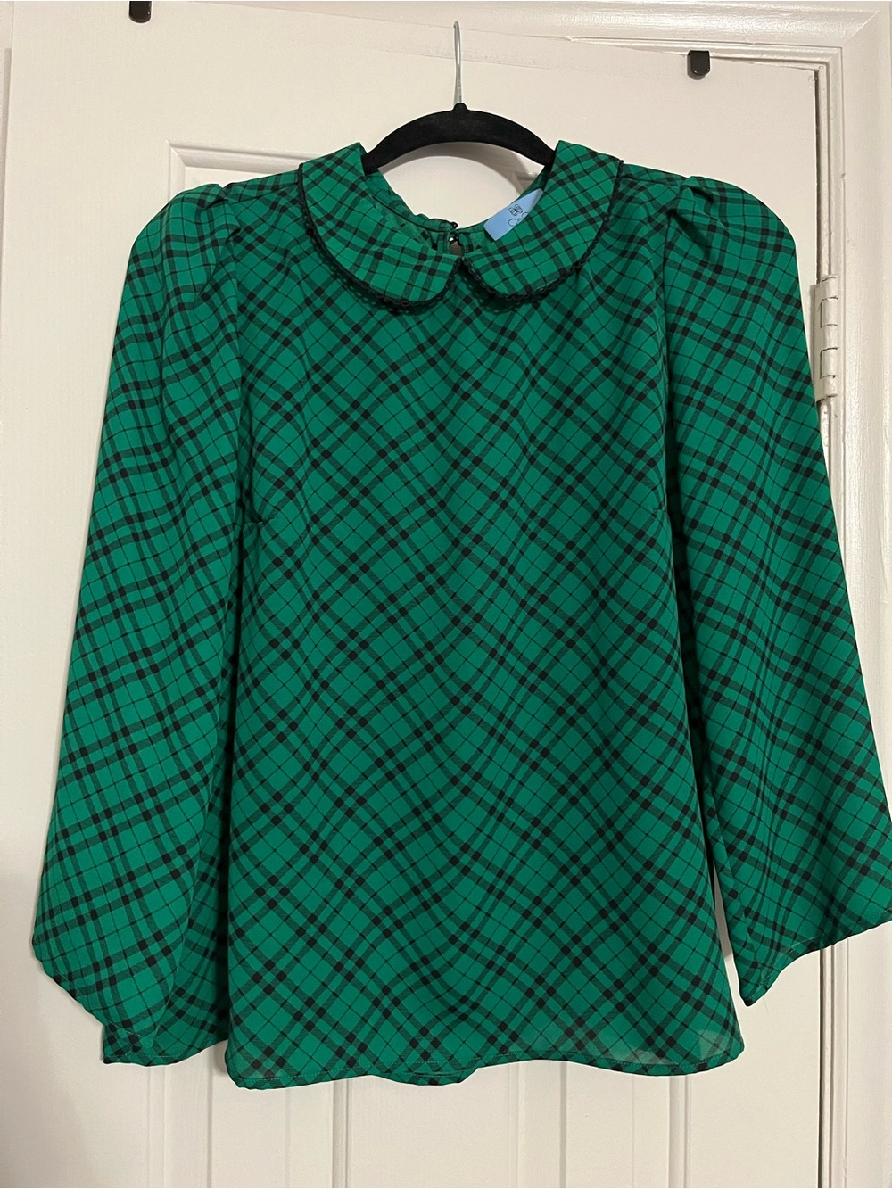 Cece Girls Green Plaid Long-Sleeve Top with Peter Pan Collar